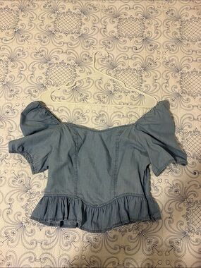New Mix Light Blue Off-Shoulder Ruffle Crop Top